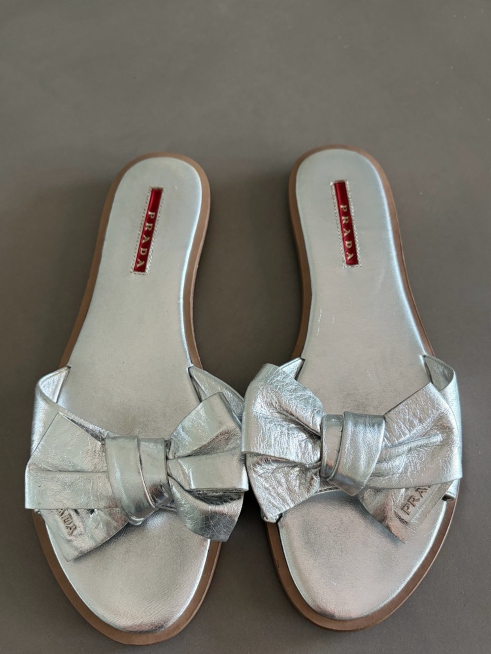 Prada Silver Bow Slide Sandals for Women